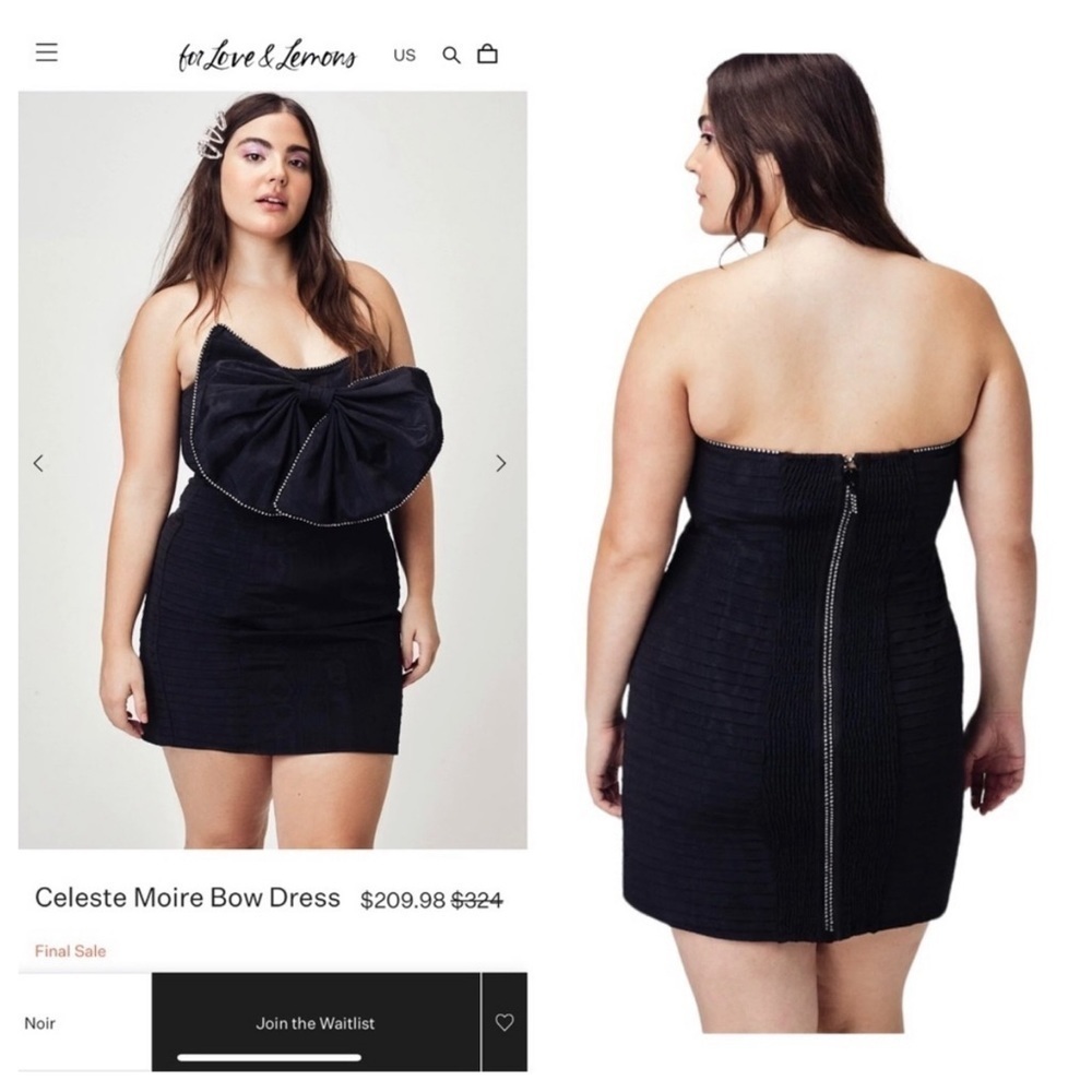 For Love & Lemons Celeste Moire Rhinestone Mini Dress 1X 14 Black Removable Bow - Picture 8 of 11